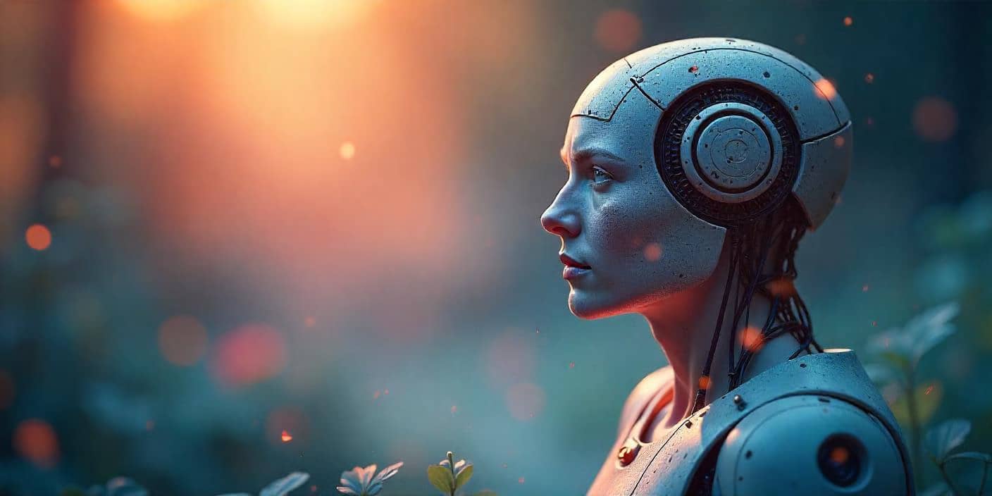 A humanoid robot with a sleek metallic design, standing in a natural environment with soft glowing light in the background.