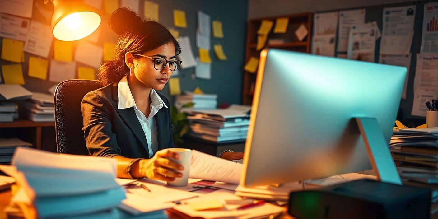 Businesswoman working late at her desk, analysing documents and sipping coffee, with a computer screen glowing in a dimly lit office.