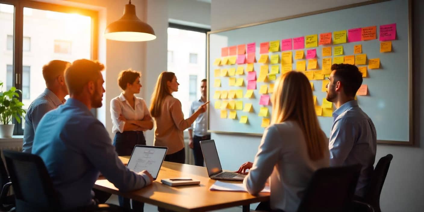 A diverse team of professionals discussing ideas in a modern office, with a whiteboard covered in colourful sticky notes, laptops, and natural light streaming through the windows.
