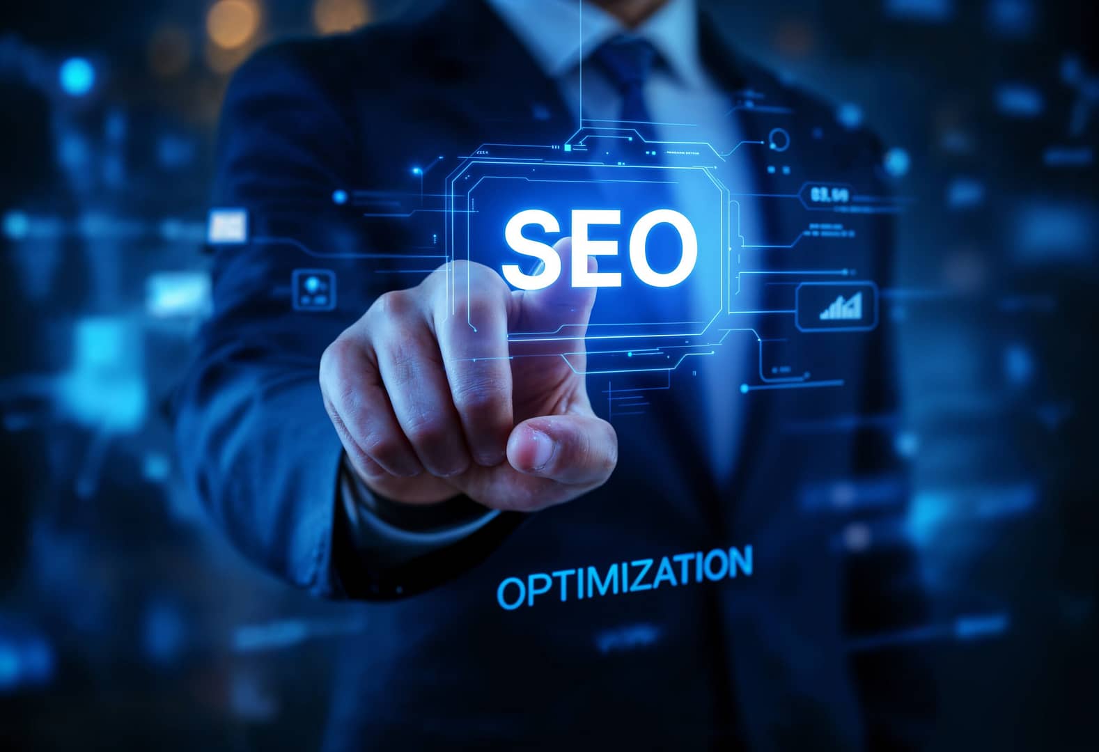 The text "SEO OPTIMIZATION" WordPress Hosting in a bold, stylized font.