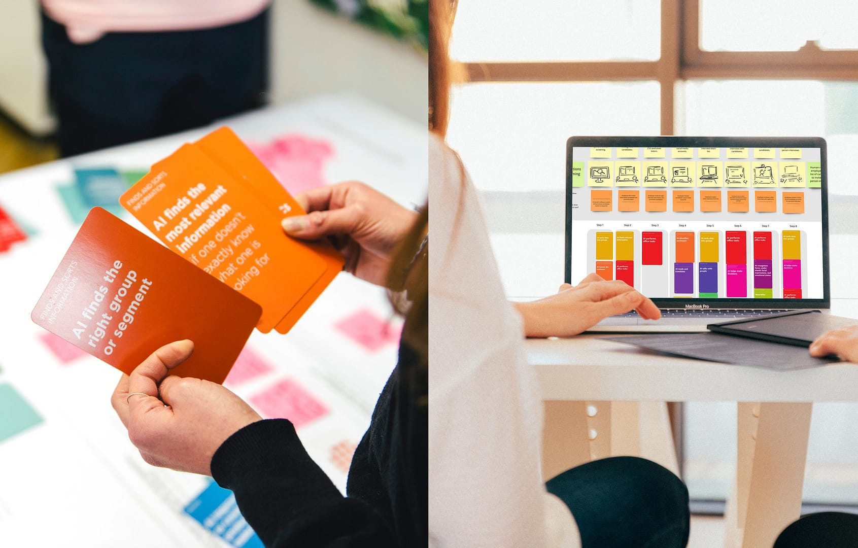 A split image showing hands holding orange AI design sprint cards on the left and a laptop displaying a colour-coded digital workflow on the right.