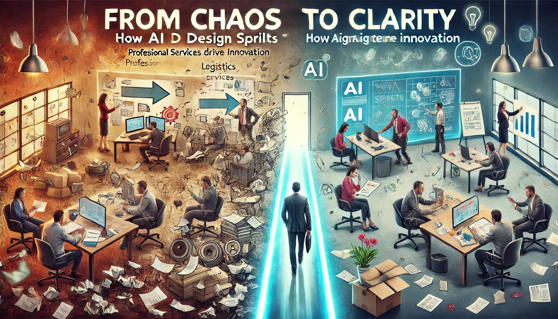 A split image showcasing the transformation of a disorganised, chaotic workspace on the left into a streamlined, efficient, and tech-driven workspace on the right, achieved through AI Design Sprints.