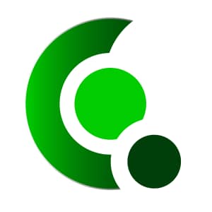 A circular logo featuring a gradient green design with a smaller solid green circle at the bottom right.